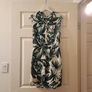 White & Green Botanical Print Sleeveless Dress